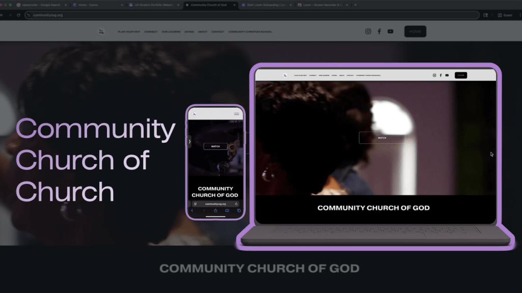 A mockup of the 'Community Church of God' website displayed on a laptop and a mobile device, featuring a video play button.
